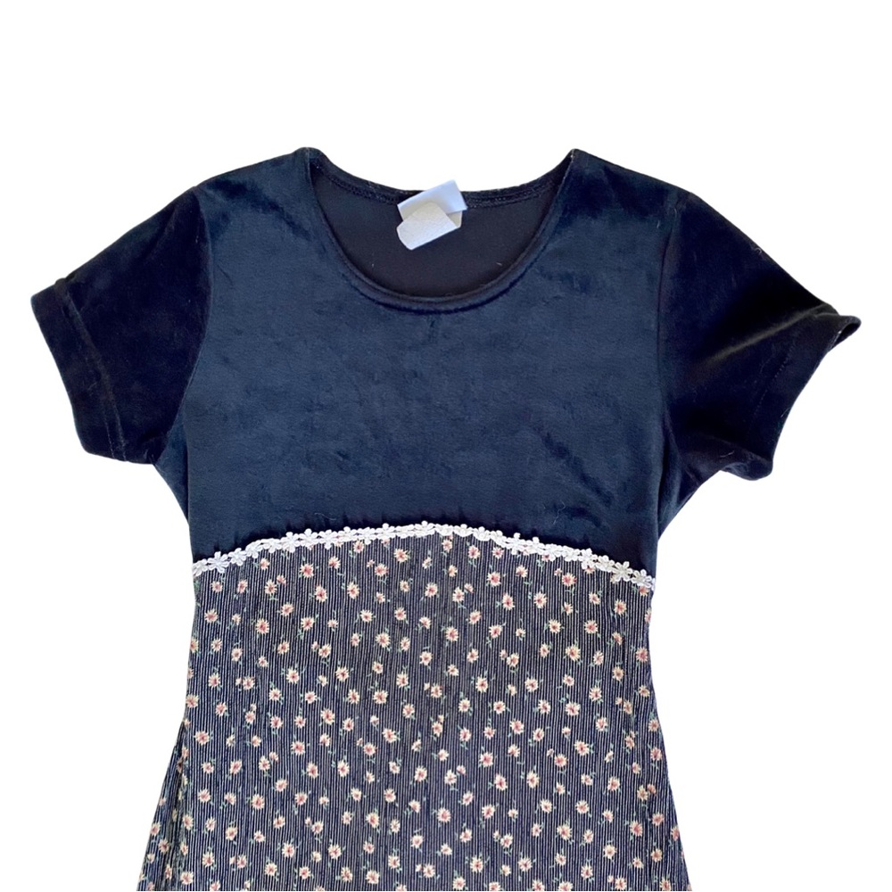 VTG 90's Dainty Grunge Twee Short Sleeve Velvet Heat Printed Daisy Midi Dress - Picture 5 of 11